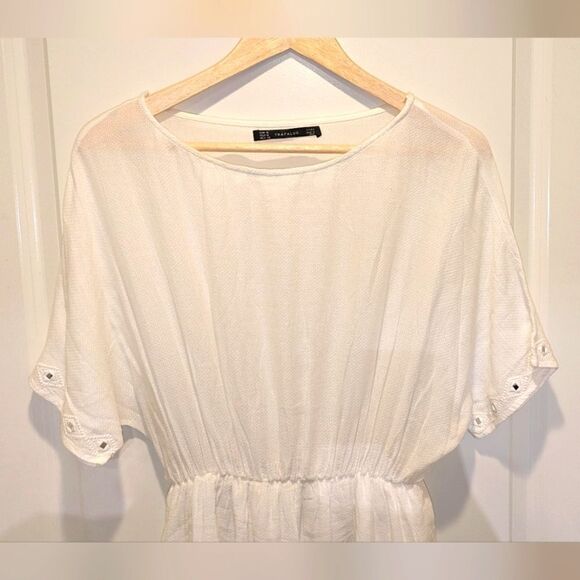 Zara Trafaluc M Boho White Textured Sheer Fabric Mirror Detail Mini Dress - Picture 4 of 6